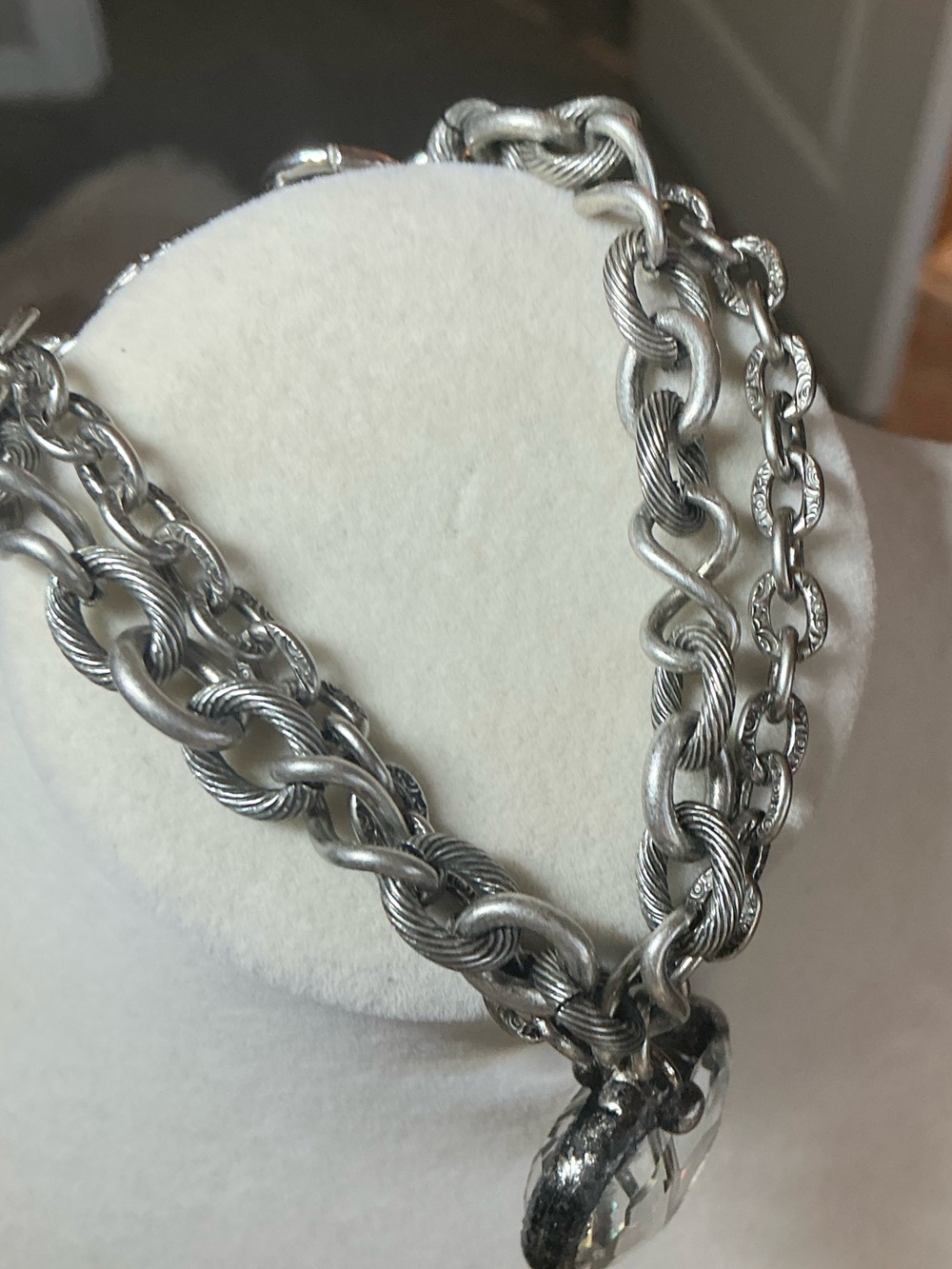 Double Antique Silver Chain Bracelet with Clear Crystal Heart - Picture 4 of 4